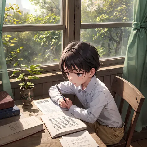 beautiful morning, adorable little boy seated at the desk with books neatly arranged, diligently writing, serene view of a tree outside the window.