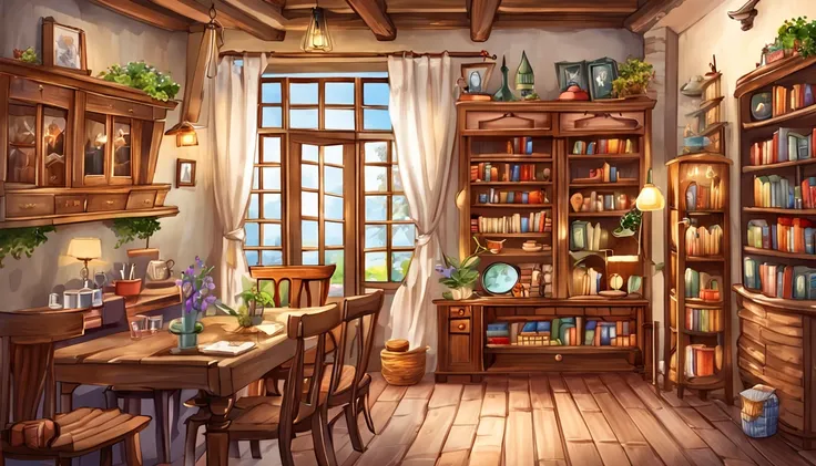 There is a living room，There are a lot of books on the shelves, cozy cafe background, cozy place, cozy environment, designed for cozy aesthetics, Relaxing concept art, cozy home background, Cozy atmosphere, pleasant cozy atmosphere, highly detailed scenari...