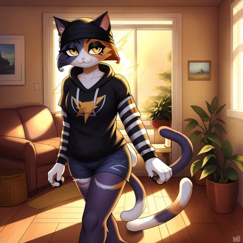 1 girl, anthro cat, catgirl, meowskulls, solo, 3 tone fur, (detailed lightning), (masterpiece), living room background, (detailed background) (detailed fur), sunny day, normal clothes