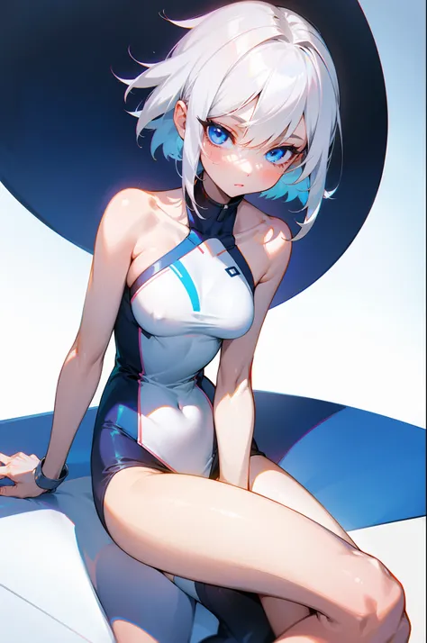 A girl,full bodyesbian，Thin leg，White hair,Blue eyes