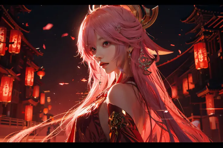 Long pink hair，Anime girl wearing a crown，Yae Miko，Anime goddess，《the original god》Yae Miko，looking at viewert，red color eyes，（realisticlying：1.4）