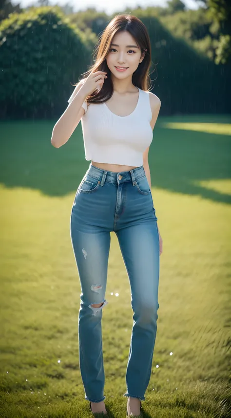 (rain, grassy fields: 1.3), 1 beautiful woman taking pictures on the grass，RAW photos，tmasterpiece，（highdetailskin：1.2），8k ultra high definition，digital SLR camera，gentlesoftlighting，high high quality，filmgrain，富士XT3，20 years old Asian woman，High-end brand...