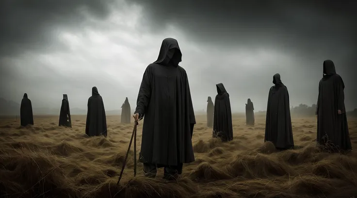 Image of a group of people in black robes standing in a field, dramatic sci-fi movie still, figuras encapuzadas distantes, vestindo vestes escuras, Dark robes, dramatic cinematic composition, figuras encapuzadas, ainda de um filme de fantasia, The seventh ...