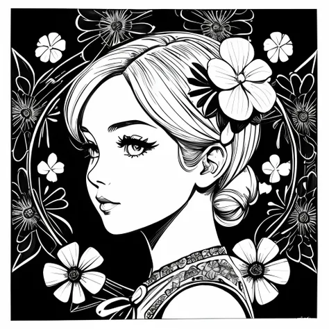 Black and white stick figure 1 girl with four leaf clover flower in background, loli in dress with flowers, its fine ink line art, comic style, portrait of ploynesian girl, Marilyn Munroe, Hollywood glam, beautiful line art, black and white comic style, ma...