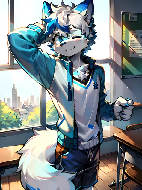 eyes with brightness, in a panoramic view, Character Focus Solo, shaggy, Furry male wolf, White fur for men,blue ear，Blue pattern on the face， blue color eyes, White color hair(The long），Wear blue shorts and shorts，CasualClothing，Young style，Height one met...