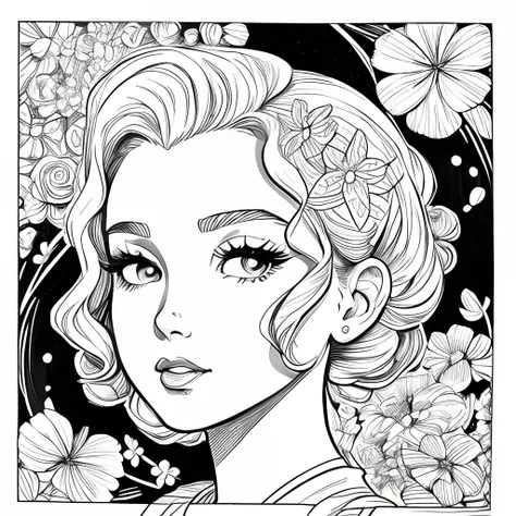 Black and white stick figure 1 girl with four leaf clover flower in background, loli in dress with flowers, its fine ink line art, comic style, portrait of ploynesian girl, Marilyn Munroe, Hollywood glam, beautiful line art, black and white comic style, ma...