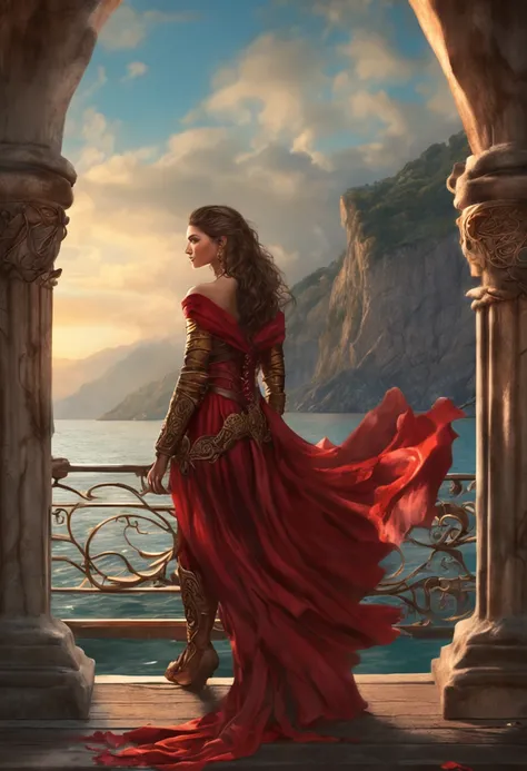 pintura de uma mulher em um vestido vermelho segurando uma espada na frente de um navio, Graphic artist Magali Villeneuve, Magali Villeneuve», award - winning epic painting, epic fantasy painting, Magali Villeneuve e Monet, cinematic fantasy painting, arte...