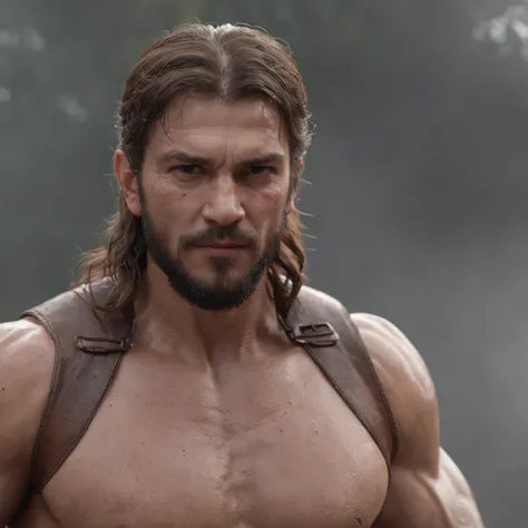 (Professional 3D rendering:1.3) de (Realistic:1.3) Foto de arte mais bonita do mundo，Features soft, bright male heroes, ((Epic hero fantasy rough muscular man wet hero angry look long hair short beard and fierce expression in dynamic pose, fantastic locati...