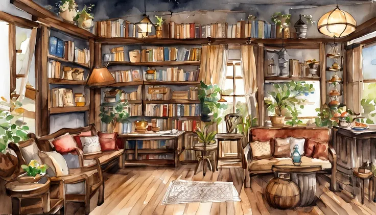 There is a living room，There are many books on the shelves, cozy cafe background, lugar aconchegante, ambiente aconchegante, designed for cozy aesthetics, arte conceitual relaxante, fundo aconchegante da casa, ambiente aconchegante, Pleasant and welcoming ...