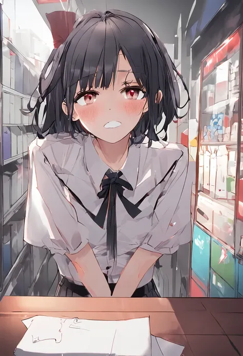 1girll,low tied hair,Black hair,view the viewer,Best quality,Indoors,Open mouth,High quality,Small breasts,Hair ribbon，Student,White shirt,pantiess,Close up,Cute,long socks ,(Wet_Clothing,:1.4),Close up,(how to_Drip,)(,)(((Evil smile,)))perspired,((A high ...