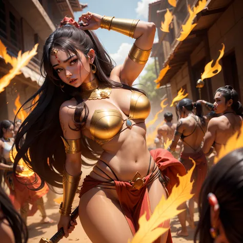 Female Khmer warrior, long black hair, dark brown tanned, Armour on, bangles, Angkor temple, full body, holding weapon, sexy tied hair up, crowd on the head, wearing jewelry, Sak yant tattoos on the arm, curvy body, wear red wrap sarong outfits, dark skinn...