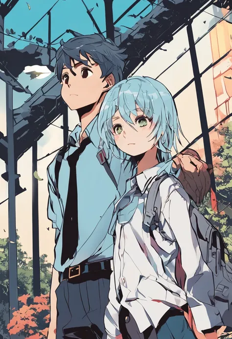 a 15 year old man, light blue hair and black eyes, wears an american school uniform, behind him appears a shadow that seems to be consuming him, cheer up. anime, novel cover, book cover