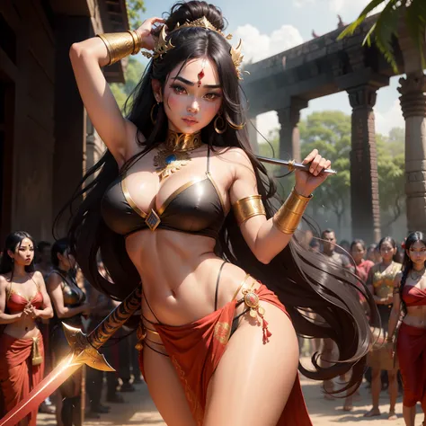 Female Khmer warrior, long black hair, dark brown tanned, Armour on, bangles, Angkor temple, full body, holding weapon, sexy tied hair up, crowd on the head, wearing jewelry, Sak yant tattoos on the arm, curvy body, wear red wrap sarong outfits, dark skinn...