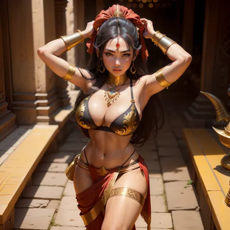 Female Khmer warrior, long black hair, dark brown tanned, Armour on, bangles, Angkor temple, full body, holding weapon, sexy tied hair up, crowd on the head, wearing jewelry, Sak yant tattoos on the arm, curvy body, wear red wrap sarong outfits, dark skinn...