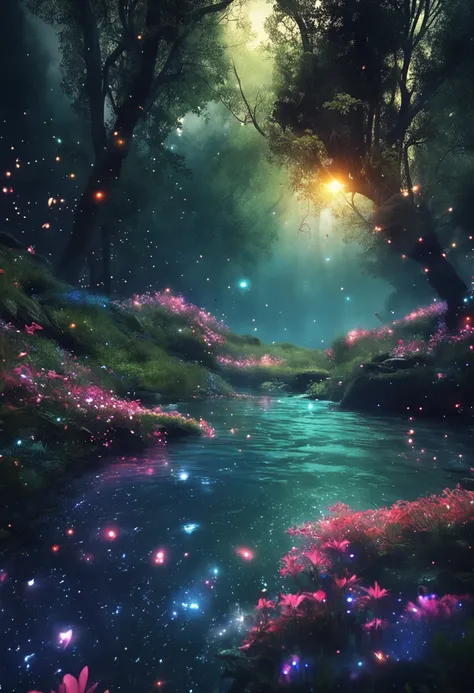 Night forest with shining stars and a soothing meadow where you can rest for a while and replenish yourself with positive energy, next to a river running through sparkling crystal clear water.