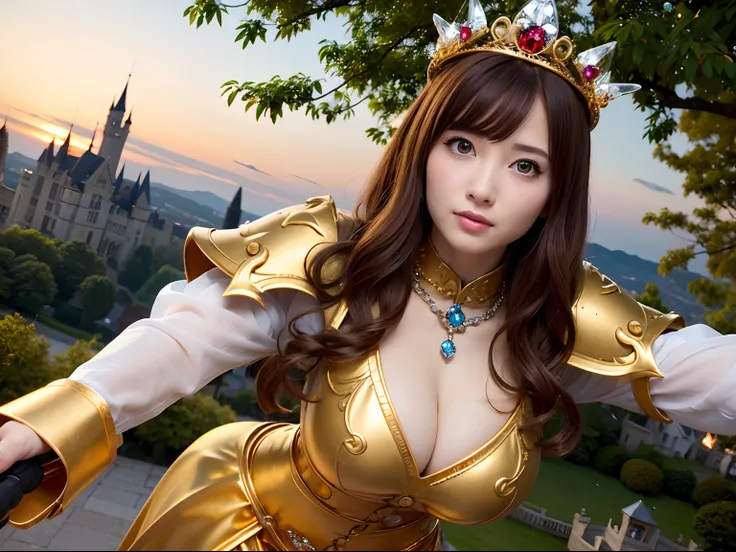 Professional , ​masterpiece、top-quality、photos realistic , depth of fields （Gemstone Silver Metal Body:1.９),(Matte yellow、Jewel Gold Weapon、（Gorgeous castle background）、（Jewel Metal Body:1.４),（Gorgeous Jewel Metal Weapons） , （Hold the heros detailed sword）...