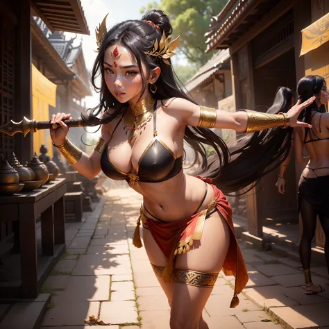 Female Khmer warrior, long black hair, dark brown tanned, Armour on, bangles, Angkor temple, full body, holding weapon, sexy tied hair up, crowd on the head, wearing jewelry, Sak yant tattoos on the arm, curvy body, wear red wrap sarong outfits, dark skinn...