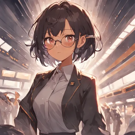 1girl, short black bob hair, yellow eyes, Round glasses, tan skin,dark skin ,BROWN SKIN, SHE HAS LIGHT BROWN SKIN, petite body, wearing plain white formal work shirt, wearing long black pants, business tie, absurdres, high res, ultrasharp, 8k, masterpiece,...