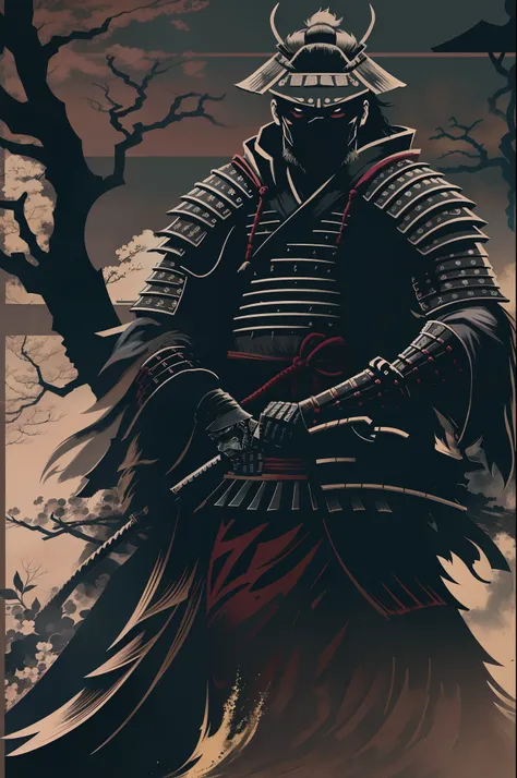 illustration, japanese vibe, samurai, dark, silhouette, cold