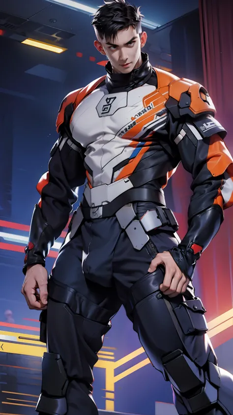 A tall muscular boy , Naked , Legs spread , （The whole body of the character），impact , Sweaty , Wet , Seductive , Bigboobs , large bulge , big balls ,, From the knees , big assa，mechs，punky style，Wu Yifan