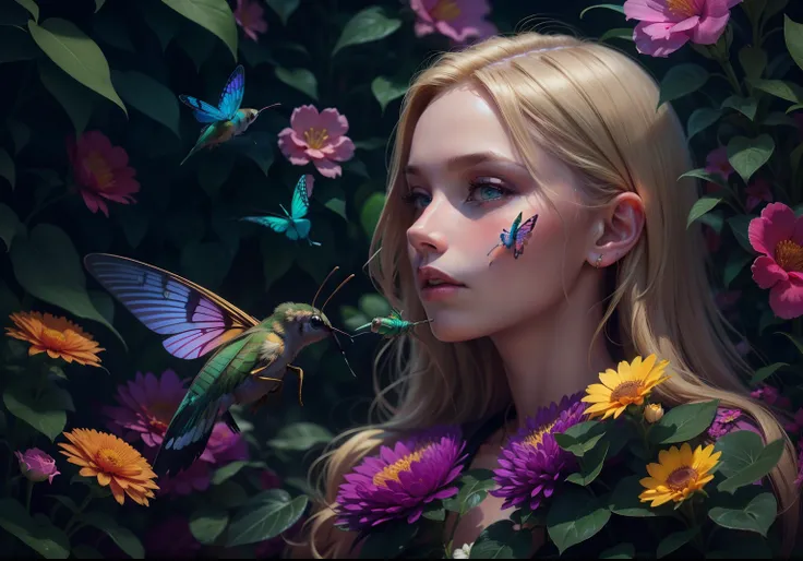 beautiful blonde young woman among multitude of highly colorful flower a highly colorful hummingbird moth is drinking from her flower, 24k resolution photorealism hyper detail  jungle background slightly out of focus