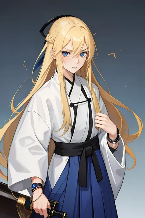 a girl, long blonde hair, blue eyes, wearing a hakama black and bugo white, simple wallpaper, Wearing a black haori, wearing a small firefly bracelet on his right hand, his face is a bit sad, With a sword by her side, she has a bit of a big chest