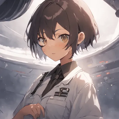 1girl, short black bob hair, yellow eyes, Round glasses, tan skin,dark skin ,BROWN SKIN, SHE HAS LIGHT BROWN SKIN, petite body, wearing plain white formal work shirt, wearing long black pants, business tie, absurdres, high res, ultrasharp, 8k, masterpiece,...