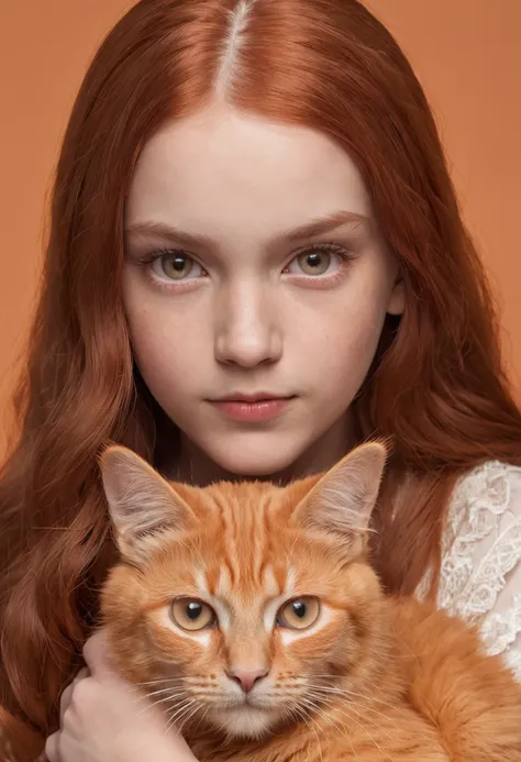 a young girl at age of 10 with red wavy long hair holding an orange cat, studio portrait, studio light, pure dark background