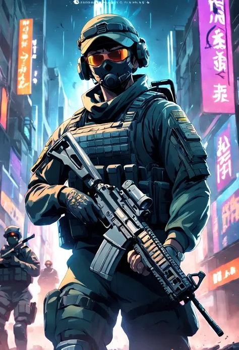 a cyber high tech runing soldier holding a m416 rifle, call of duty poster text behind the soldier, warzone style