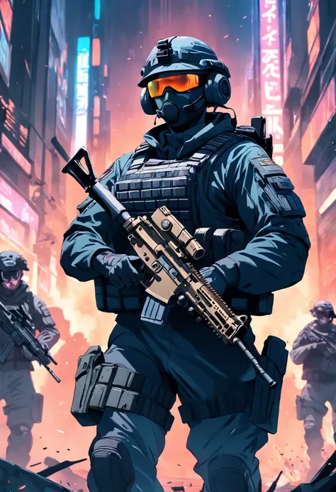 a cyber high tech runing soldier holding a m416 rifle, call of duty poster text behind the soldier, warzone style