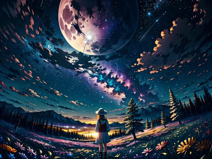 Expansive landscape photograph, (view from below with a view of the sky and the wilderness below), little girl standing in a flower field looking up, (full moon: 1.2), (shooting star: 0.9), (nebula: 1.3), distant mountain, tree break production art, (warm ...