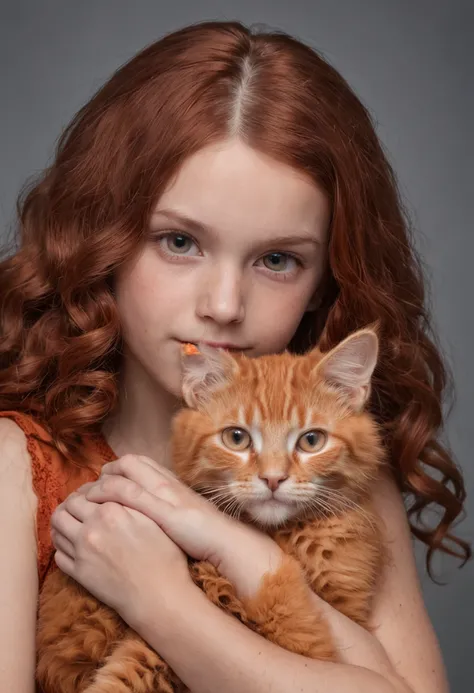 a young girl at age of 10 with red Wool curls long hair holding an orange cat, studio portrait, studio light, pure dark brown background