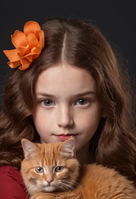 a young girl at age of 10 with red Wool curls long hair holding an orange cat, studio portrait, studio light, pure dark brown background