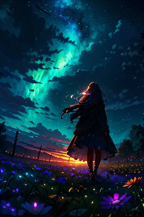 A wide landscape photo, (viewed from below, the sky is above, and the open field is below), ((a girl standing on a flower field looking up)), long hair, long skirt, (full moon: 1.2), (meteor: 0.9), (nebula: 1.3), distant mountains , Trees,Crafting Art, (Wa...