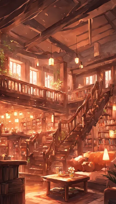 There is a living room，There are a lot of books on the shelves, cozy cafe background, cozy place, cozy environment, designed for cozy aesthetics, Relaxing concept art, cozy home background, Cozy atmosphere, pleasant cozy atmosphere, highly detailed scenari...