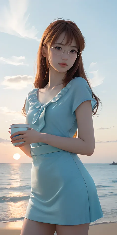 (8K, Raw photo, Best Quality, masutepiece:1.2), (Realistic, Photorealsitic:1.4), (Highly detailed CG Unity 8k wallpaper), (1 girl:1.5), (Realistic hands), (detail hands), (detail finger), (Beautiful sunset on the coast), Japan Beauty, (Light blue clothes: ...