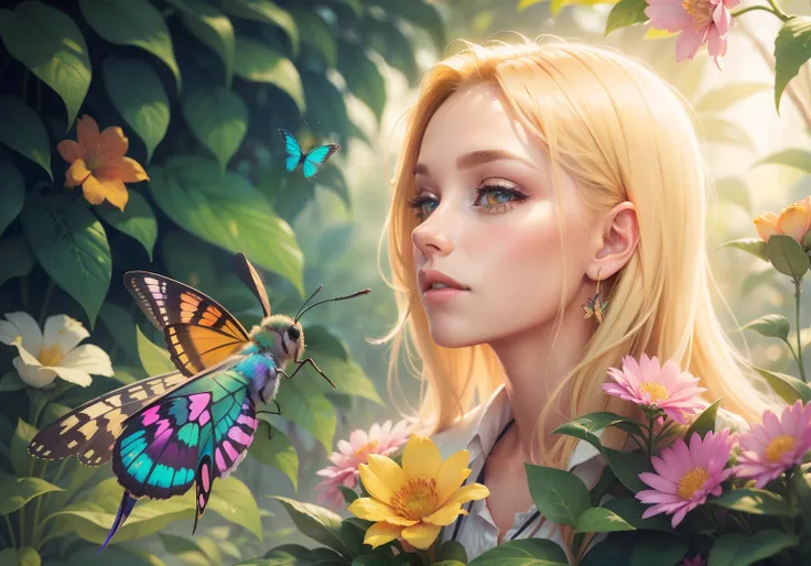 beautiful blonde young woman among multitude of highly colorful flower a highly colorful hummingbird moth is drinking from her flower, 24k resolution photorealism hyper detail  jungle background slightly out of focus