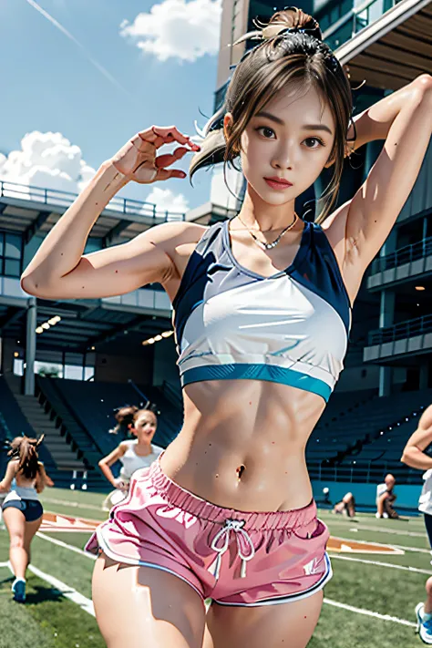 1 girl, solo, running, Gray Track Top, pink shorts, ponytail, athletic build, dynamic brushstrokes, fluid movement, capturing the essence of her athleticism and energy, using light colors and soft tones to create a dreamy and ethereal atmosphere, portrayin...