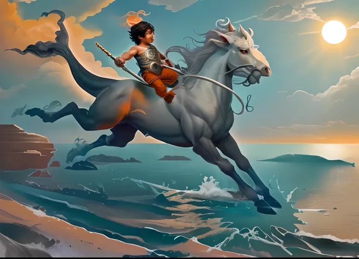 The boy rides in the ocean with a spear...,Orange sun in the evening,Chimera Centaur Male Centaur, centaur, Centaurs from Greek mythology, Centaur horse, centaur, Merfolk riding water horse, Chinese mythology, Akira from Chinese mythology, Getting West, An...