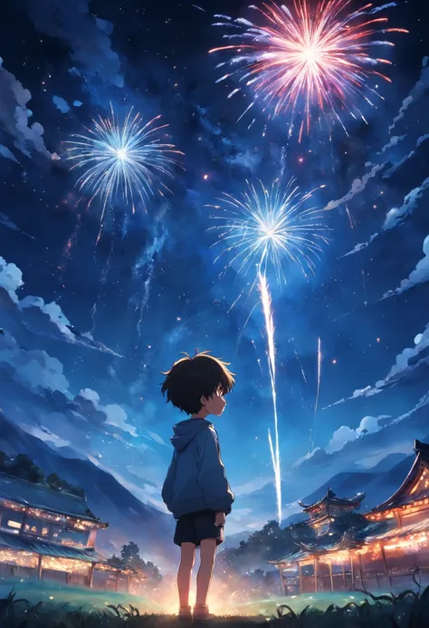 A boy holds fireworks and stands under the blue starry sky