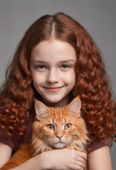 a smiling young girl at age of 10 with red Wool curls long hair holding an orange cat, studio portrait, studio light, pure dark brown background