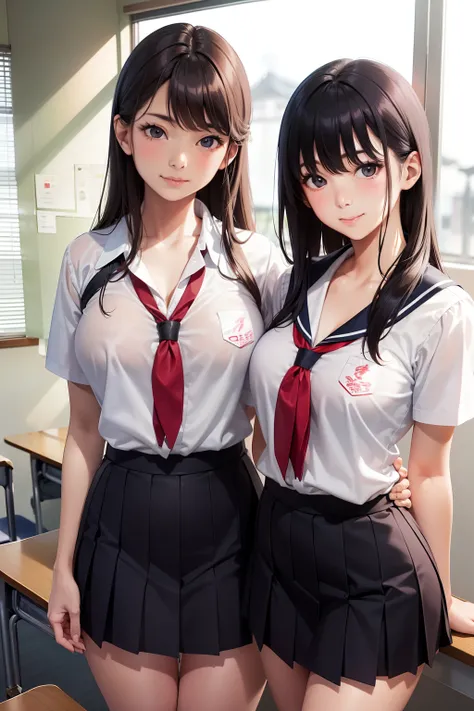 There were two women in the classroom.、One woman wears a bra, Japan school uniform, Realistic Young Gravure Idol, in class room, Japanese Models, Young Sensual Gravure Idol, Engaging pose, wearing japanese school uniform, Teasing smile, japanese girl schoo...