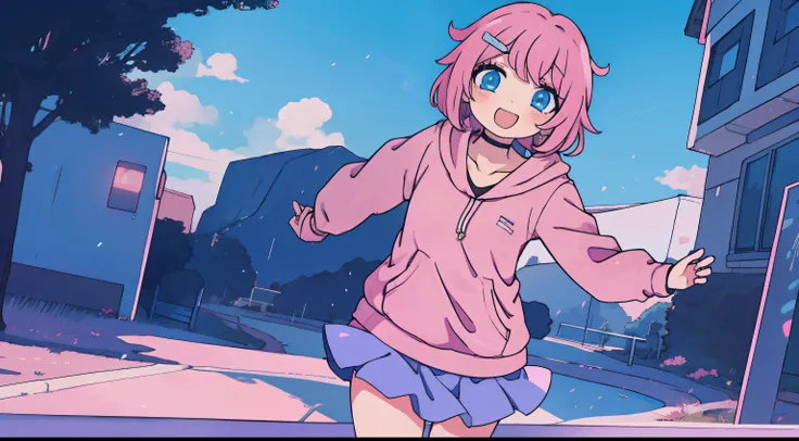 anime girl with short pink hair, bangs, choker, hairclip, pink hoodie, blue skirt, black legwear, outdoors, happy, excited,