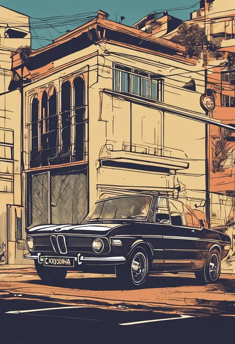 (master part, high resolution, Pitoresco:1.2), Carro BMW dos anos 1970, (exterior laranja retro:1.1), Iconic design, cruzeiro ao longo da Harbor Road, (luzes refletindo:1.2), Banhado pela luz solar, Brisa do mar farfalhar, (vista para o porto:1.1), ondas b...