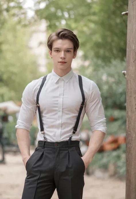 Handsome young man with a height of 183，standing on a playground，White top，Black  shorts，White Nike stockings，with fair skin，Slim stature，wears glasses，The crotch protrudes，Is stroking himself