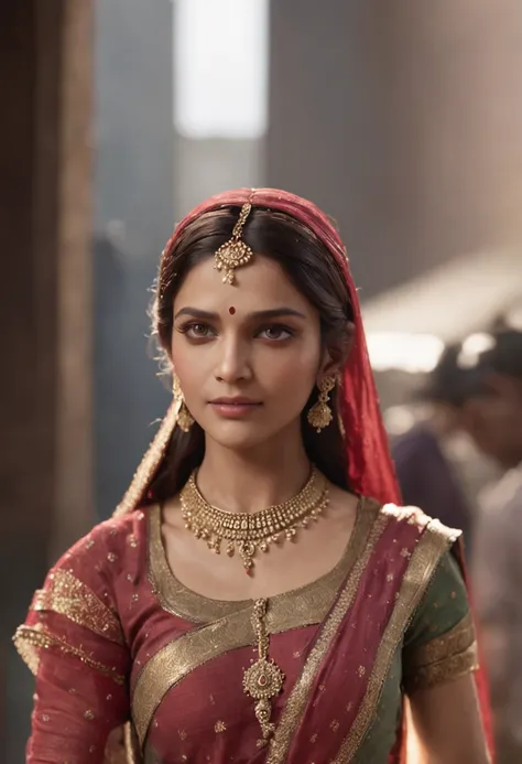 Cinematic, clear facial features and insanely detailed, it captures the essence of the Indian woman with breathtaking beauty. The color grading is beautifully done, enhancing the overall cinematic feel. Unreal Engine brings her to life, making her appearan...