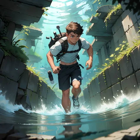 A boy swims，Through the trench