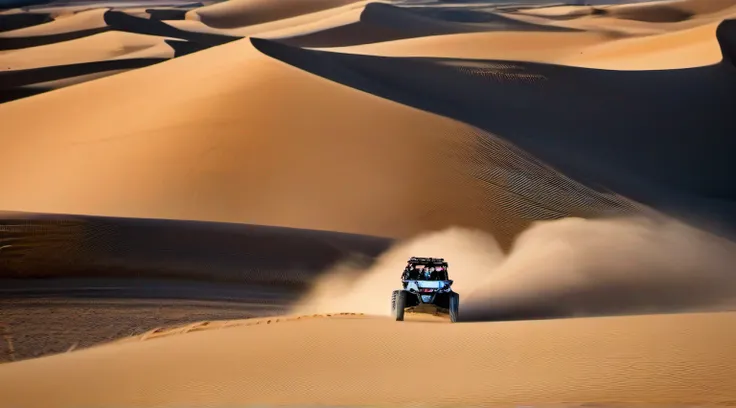 Life in the desert also has its own rhythm，Exotic flora and fauna come to life in this desolate land，They have adapted to extreme conditions，Become a guardian and miracle in the desert。A desert buggy is moving through，Trails，birds eyes view，in a panoramic ...