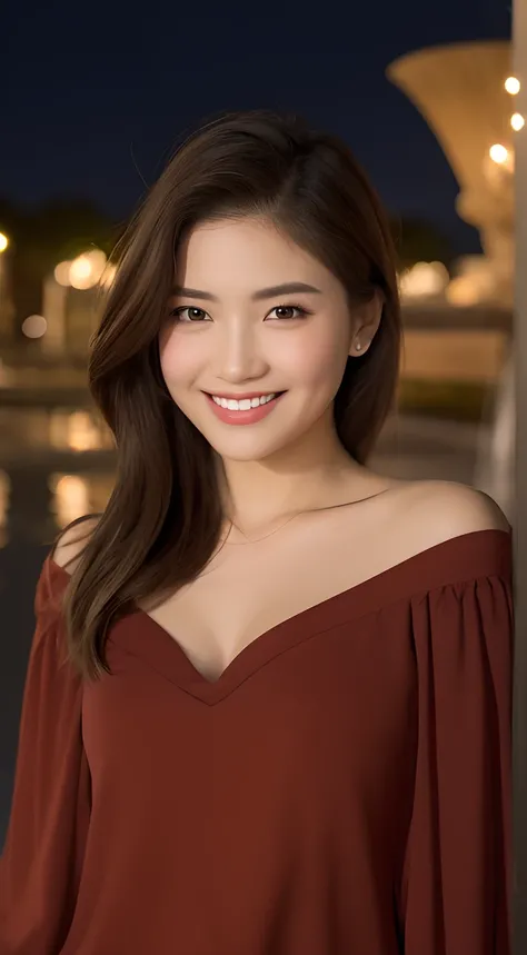 ((Night Scene, Realistic Light, Best Quality, 8k, Masterpiece: 1.3)), 1 Girl, Slim Body Beauty: 1.4, Brown Hair, (Big: 1.3), Off Shoulder Cut Top: 1.3, Ultra Detailed Face, Detailed Eyes, Double Eyelids, Disneyland, Fountain, Castle, Fireworks, Smile, Clea...