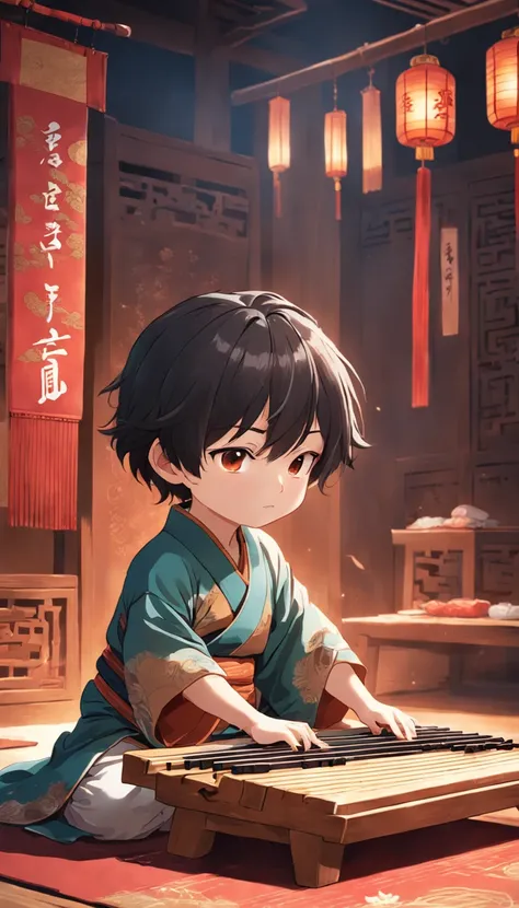 full body esbian, very young boy sitting on the mat playing guzheng，Oriental Face，with very distinctive features and cartoon-style visuals。